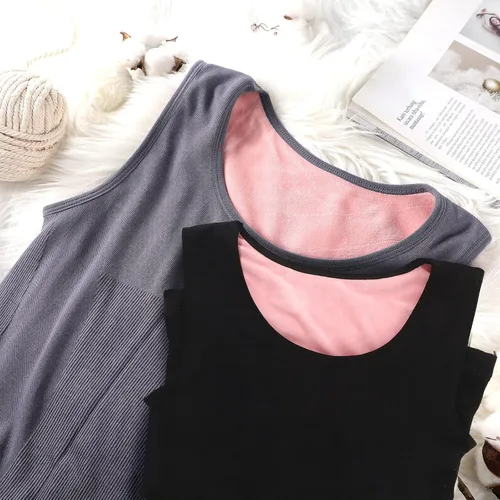 Vista 3 de Sintege Camiseta térmica sin mangas para mujer, con forro polar, camiseta interior para mujer, mezcla de algodón, chaleco de capa base cálida