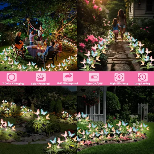 Vista 6 de Weepong Luces solares para decoración al aire libre, impermeables, luces solares de jardín con tallos brillantes, luz de flor de mariposa que cambia