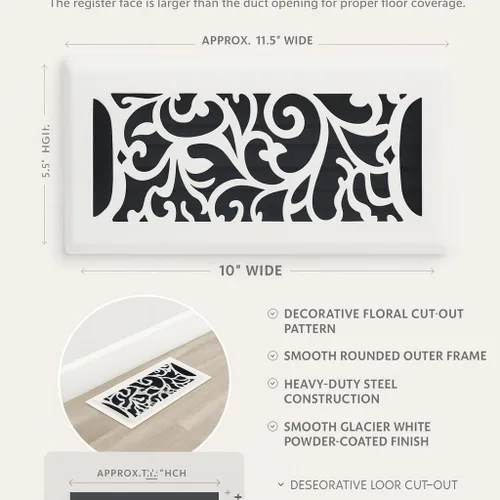Vista 3 de Registro de piso de acero con diseño floral de 4 x 10 pulgadas en acabado blanco glaciar para piso, cubiertas decorativas de ventilación de aire