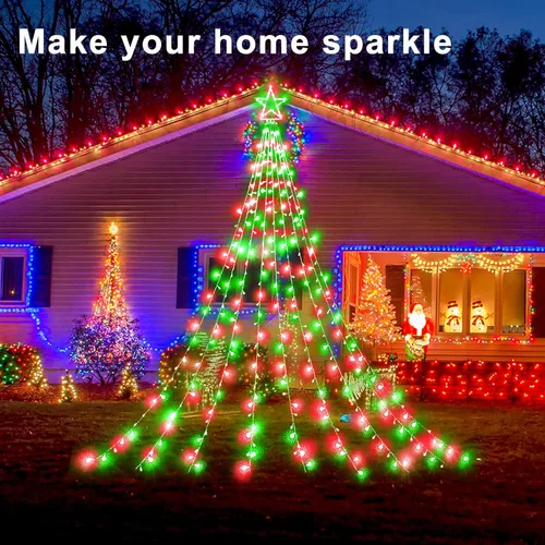 Vista 9 de Decoraciones de Navidad para exteriores, 16.4 pies, 344 luces LED para árbol de cascada con luces de cadena de estrellas, 8 modos de iluminación