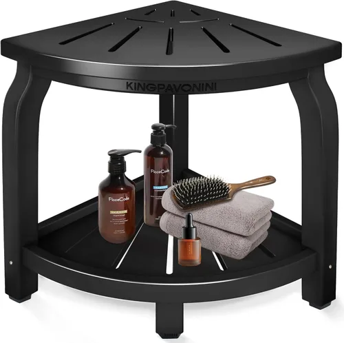 Vista 10 de KingPavonini Taburete de ducha de esquina de bambú para afeitarse las piernas, reposapiés, asiento de baño impermeable con estante de almacenamiento
