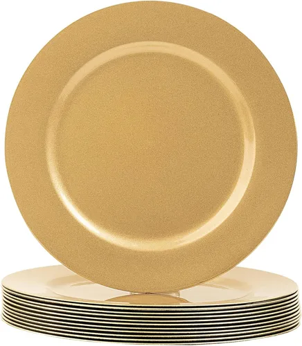MAONAME Juego de 12 platos de carga dorados para platos redondos, 13 pulgadas para platos de cena, cargadores de mesa de plástico para decoración de
