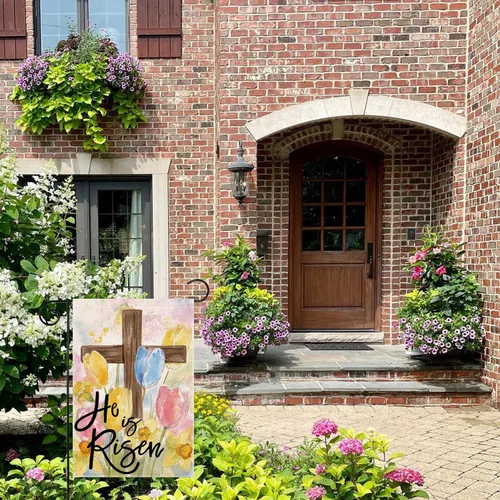Vista 9 de Bandera de jardín de Pascua con texto en inglés «He is Risen» para exteriores, de doble cara, de doble cara, decoración religiosa cristiana
