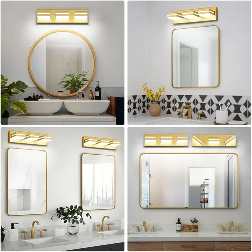 Vista 9 de Modernas luces LED pequeñas de baño, 3 luces, iluminación de pared acrílica dorada de metal, luces de tocador para baño sobre espejo de 6000 K de 16
