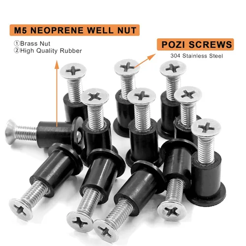 Vista 2 de Waziaqoc Tuerca de pozo de neopreno M5 con tornillo Pozi de acero inoxidable (M5 x 0.984 in), kit de tuercas de pozo de latón para motocicleta