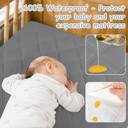 Vista 2 de Yoofoss Protector de colchón impermeable para cuna, paquete de 2, funda acolchada para colchón de cuna, ultra suave y transpirable, lavable a