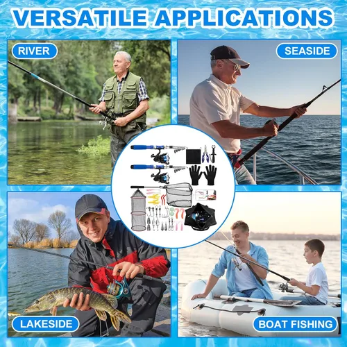 Vista 7 de Juego de 51 cañas de pescar de Navidad de 6.89 pies, juego de cañas de pescar plegables con alicates, agarre de labio, señuelos, bolsa