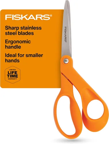 Vista 7 de Fiskars Tijeras originales de acero inoxidable con mango naranja de 8 pulgadas, ergonómicas y mantienen el material plano, tijeras afiladas