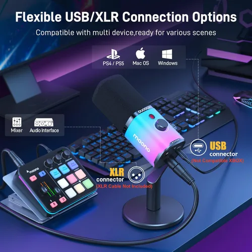 Vista 6 de MAONO - Micrófono dinámico para juegos Micrófono de transmisión USB/XLR para PC, grabación de pódcast, software personalizable, RGB, botón