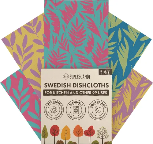 Vista 18 de SUPERSCANDI Paquete de 5 paños de cocina suecos para cocina, toallas de papel reutilizables 100% biodegradables y compostables, lavables, seguros