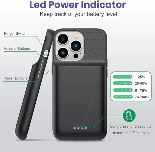 Vista 3 de Funda de batería para iPhone 13/13Pro/14,7500 mAh, funda protectora ultradelgada, funda de carga de batería expandible portátil recargable Negro