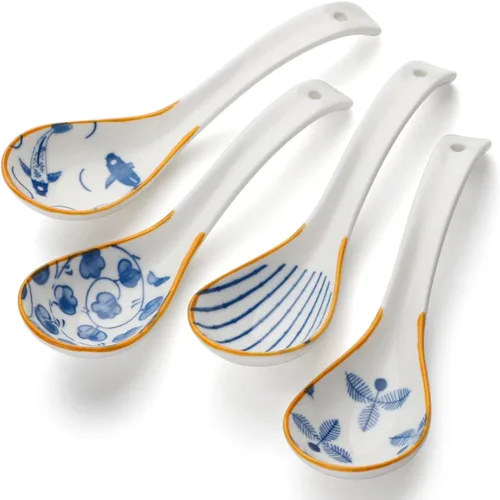 Vista 10 de Juego de 4 cucharas de sopa chinas, cucharas coreanas de porcelana para albóndigas de cereales de fideos Pho
