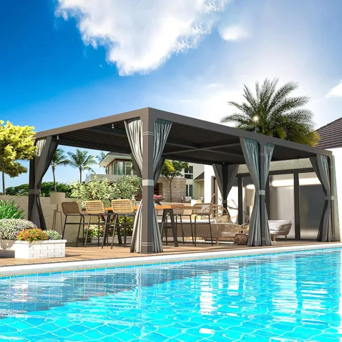 Vista 11 de EROMMY Pérgola con Persianas 10' x 10' Pérgola de Techo Rígido para Exteriores con Marco de Aluminio y Techo de Metal Ajustable Impermeable