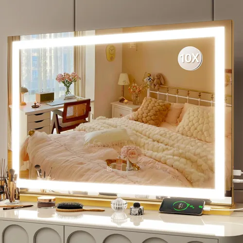 Vista 31 de FENNIO Espejo de tocador de 23 x 18 pulgadas con luces, espejo de maquillaje LED, espejo Hollywood con 3 modos de color y brillo ajustable, espejo