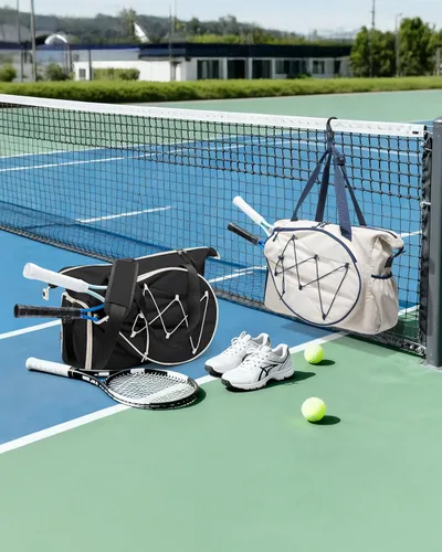 Vista 7 de Smasrob Bolsa de viaje de tenis para mujer con bolsillo exterior para raqueta con cordón y compartimento separado para zapatos, bolsas de fin