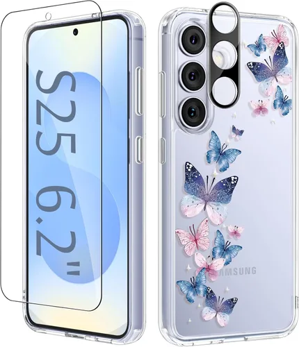 Vista 14 de GVIEWIN Funda protectora para Samsung Galaxy S25, transparente floral, delgada, a prueba de golpes, para mujer, no se pone amarilla, con protector