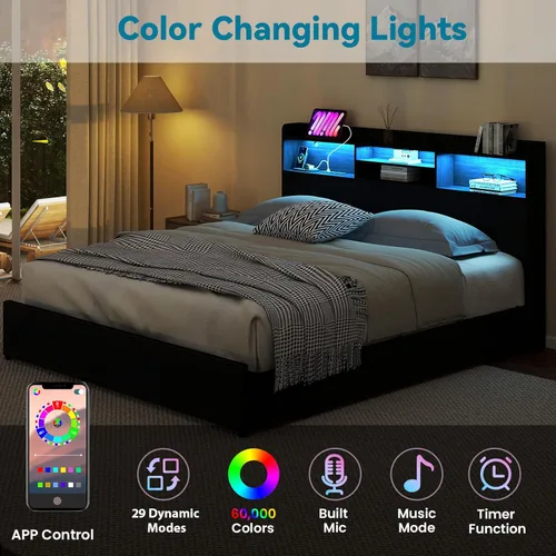 Vista 12 de Kiivakii Estructura de cama tamaño completo con cabecero, cama plataforma LED con 4 cajones de almacenamiento, estación de carga integrada, sin