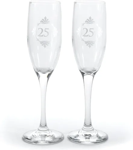 Vista 4 de Hortense B. Hewitt Juego de 2 copas de champán para brindar, 25 aniversario de boda, flores plateadas