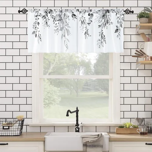 Vista 4 de Cortina de eucalipto negro y gris, cenefa para tratamiento de ventana, estilo bohemio, rústico, floral, bolsillo para barra, cortinas de ventana