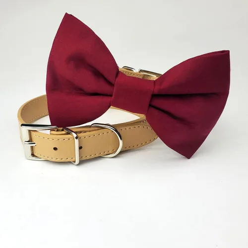 Vista 2 de Collar de moño para perro burdeos, collar de boda para perro, collar de perro de boda rojo profundo, collar formal para perro, ropa de boda