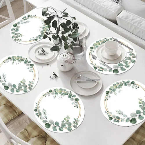 Vista 5 de Juego de 6 manteles individuales redondos de plástico lavables con hojas de eucalipto, 13.4 pulgadas, manteles individuales verdes para mesa