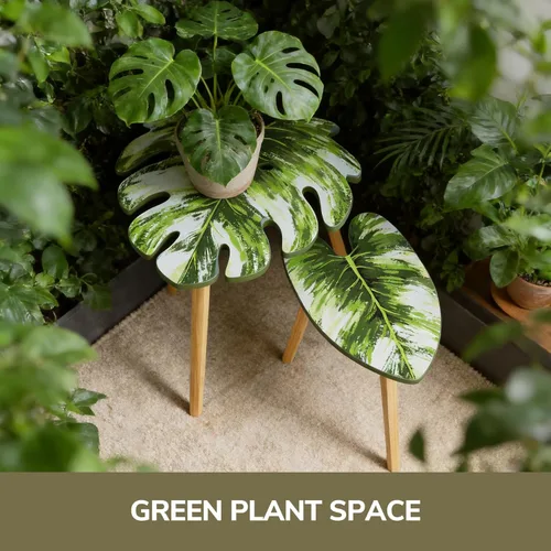 Vista 5 de BAMEOS Monstera - Juego de 2 mesas auxiliares pequeñas con patrón de venas de hojas, modernas mesas auxiliares de madera para sala de estar