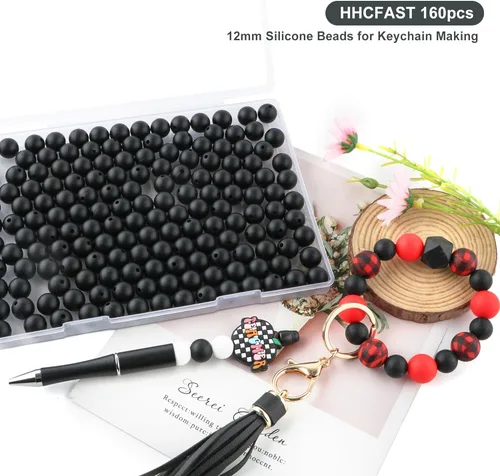 Vista 3 de 160Pcs 12mm de abalorios de silicona para hacer llaveros, pulseras, collares, abalorios redondos de silicona a granel para bolígrafos (negro)
