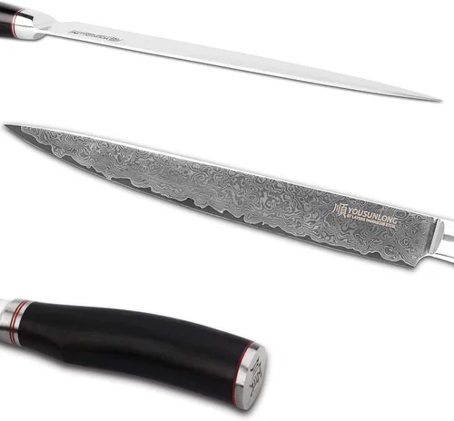 Vista 2 de YOUSUNLONG Cuchillo de filete de 10 pulgadas, cuchillo para tallar carne, cuchillo sashimi, 9.6 in, mano izquierda, acero de damasco martillado
