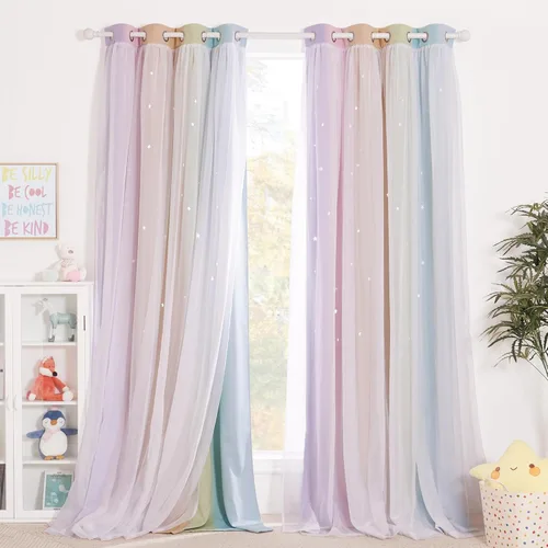 Vista 48 de NICETOWN Cortinas opacas con recortes de estrellas para dormitorio, 2 paneles, diseño mixto de 2 capas de tela y tul, cortina de ventana para niños