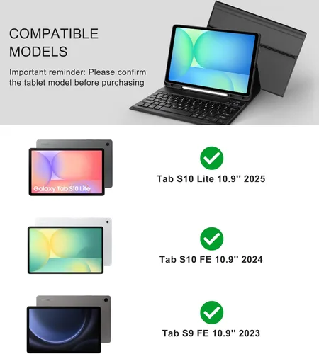 Vista 2 de Funda de teclado para Samsung Galaxy Tab S10 Lite / S10 FE / S9 FE 10.9 pulgadas y S9 11 pulgadas con soporte para bolígrafo, cubierta magnética