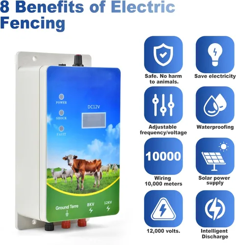 Vista 2 de Cargador eléctrico para valla de 6 millas, 8-12 KV 2 julios de salida de alta potencia, pantalla LED, valla eléctrica eléctrica múltiple de CA CC