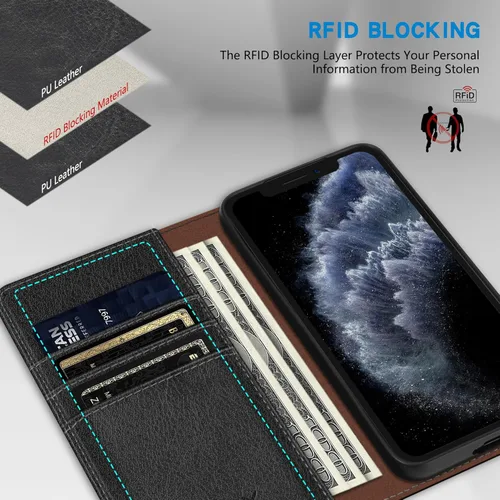 Vista 2 de ZZXX Funda tipo cartera para iPhone 11 Pro Max con bloqueo RFID, soporte de ranura para tarjetas, funda protectora de cuero magnético fuerte