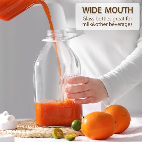Vista 2 de CUCUMI Botella de leche de vidrio con tapa hermética reutilizable y fuerte, 1 paquete de botellas de jugo de vidrio de 64 onzas para leche