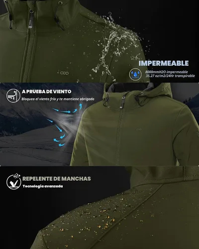 Vista 3 de 33,000ft Chaqueta de softshell con capucha para hombre, impermeable, ligera, aislada, cortavientos, forro de forro polar, chaqueta de lluvia Verde