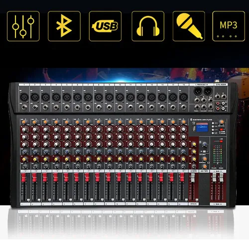 Vista 2 de Mezclador de audio Bluetooth de 16 canales interfaz de controlador de sonido DJ con unidad USB mezclador de audio profesional para entrada