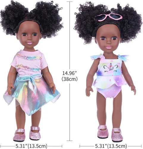 Vista 2 de UZIDBTO Muñecas negras y accesorios para muñecas bebé negras - Muñeca africana de silicona de 14.5 pulgadas con ropa, temática de unicornio, trajes