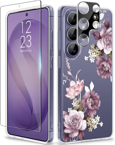 Vista 65 de GVIEWIN Funda protectora para Samsung Galaxy S25, transparente floral, delgada, a prueba de golpes, para mujer, no se pone amarilla, con protector