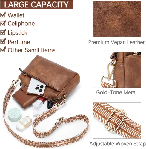 Vista 4 de BOSTANTEN Bolso cruzado pequeño para mujer, con triple cremallera, de cuero, con correa de hombro
