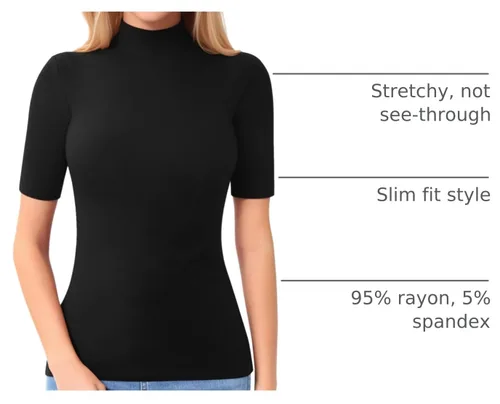Vista 4 de MANGOPOP - Camiseta de cuello alto falso de manga 3/4 ajustada para mujer 03 Negro