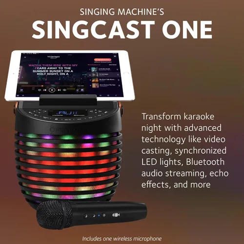 Vista 2 de Singing Machine Sistema de karaoke para adultos y niños con micrófono inalámbrico, SingCast One - Altavoz de karaoke con tecnología de transmisión