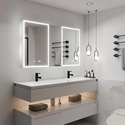 Vista 9 de ExBrite Botiquín de baño con luz LED de 52 x 30 pulgadas, botiquín LED con gabinete de almacenamiento extra cerrado, desempañado