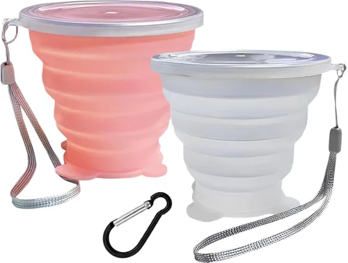 Vasos plegables, de silicona, plegable, para viaje, expandible, con tapas, reutilizables, pequeñas, portátiles, para viajes, campamento, senderismo,