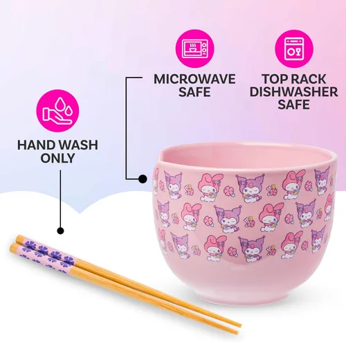 Vista 5 de Silver Buffalo Hello Kitty y sus amigos Chococat - Tazón de cerámica para ramen y arroz con palillos, patrón a cuadros, apto para microondas, 20