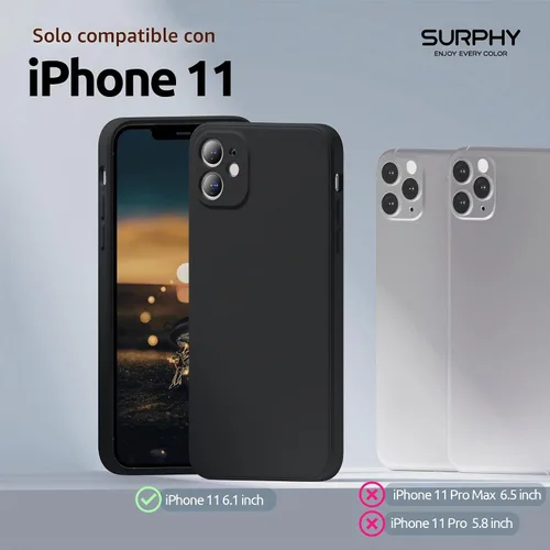 Vista 2 de SURPHY Diseño para iPhone 11 con protección de cámara, diseño delgado de borde recto, funda de silicona líquida para iPhone 11 de 6.1 pulgadas, negro