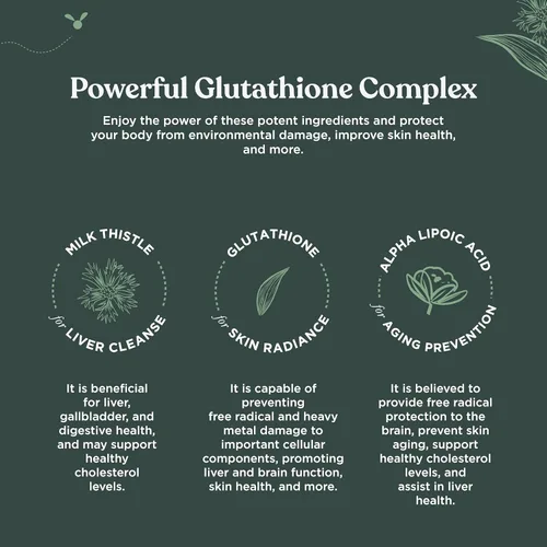 Vista 5 de Suplemento de glutatión puro de 500 mg GSH, píldoras blanqueadoras de piel pura, antioxidante natural con extracto de cardo mariano, silimarina