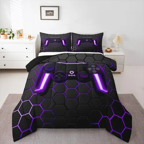 Juego de ropa de cama de videojuegos para niños, juego de edredón twin con estampado de mando de videojuegos con luces de neón para adolescentes y