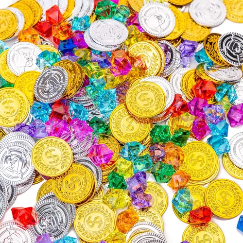 Vista 10 de Cofre del tesoro para premios infantiles, cofre del tesoro de plástico con 288 monedas de oro del tesoro y gemas, joyas, perfecto para fiestas