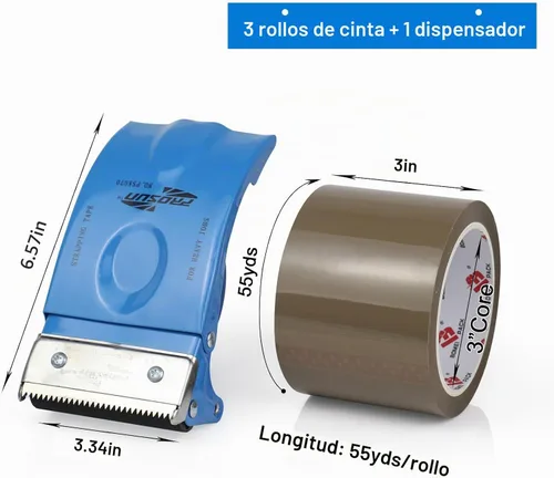 Vista 2 de Cinta de embalaje de 3 pulgadas de ancho con dispensador, 2.4 mil x 55 yardas de cinta de embalaje resistente para envíos, grado industrial, cinta