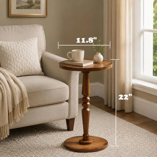 Vista 4 de Mesa auxiliar redonda para espacios pequeños, mesita de noche pequeña con parte superior de madera maciza y pata de pedestal, mesa moderna