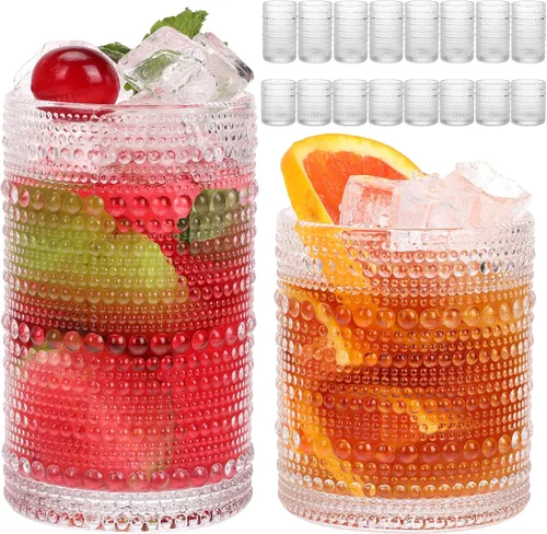 Vista 18 de Moretoes Hobnail - Juego de 6 vasos altos de 12 onzas y vasos de cóctel de 10 onzas, vasos de vidrio boho transparentes en relieve, juego